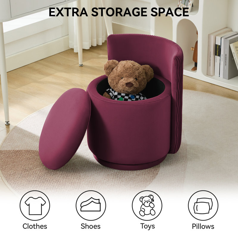 Upholstered Swivel Barrel Chair With Storage, Burgundy Velvet, Regular