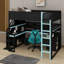 Lit mezzanine en bois avec escalier de rangement, bureau, tablettes et panneau perforé, style Esports peu encombrant-469622360-469622362