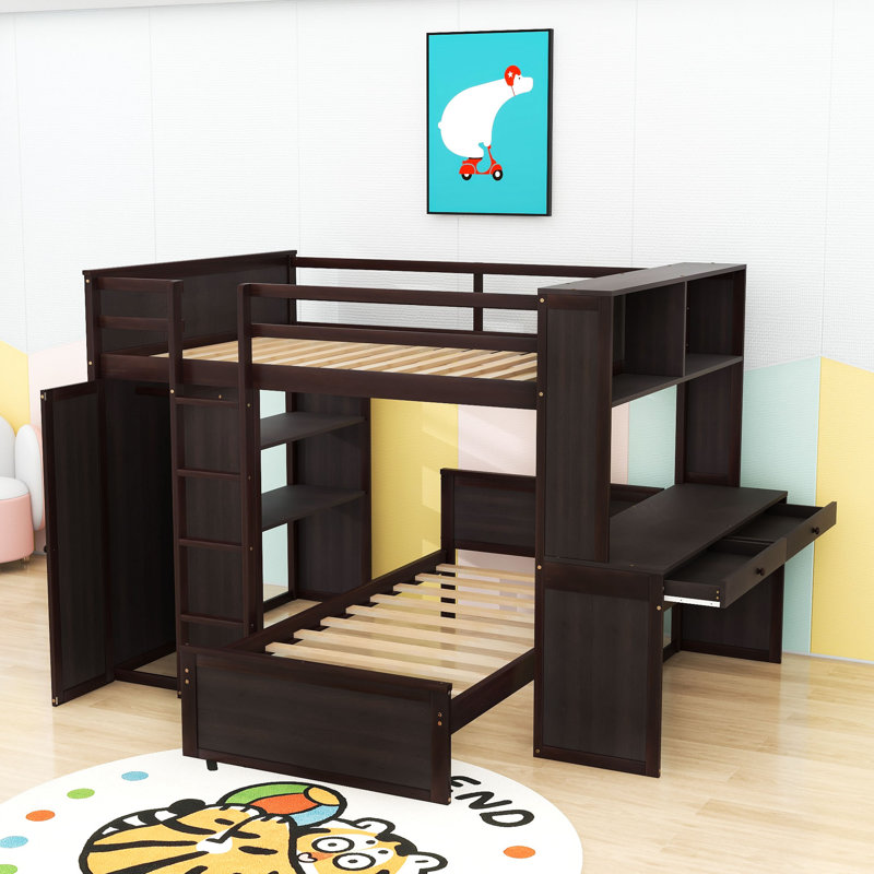Asgun Full Over Twin Size Wood Bunk Bed with Shelves,Desk and Drawer, Espresso