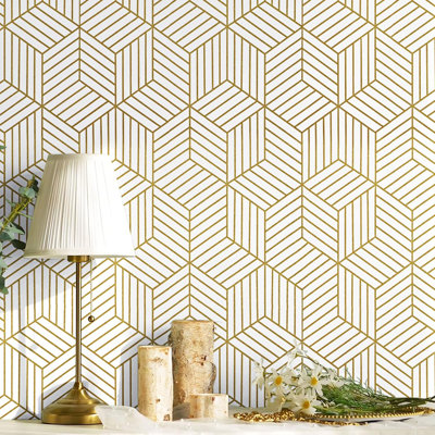 Peel And Stick Wallpaper Gold Contact Paper Geometric Striped Hexagon Wallpaper Removable Self Adhesive Wallpaper Waterproof Vinyl Paper For Cabinets Shelf Drawer Upgrade