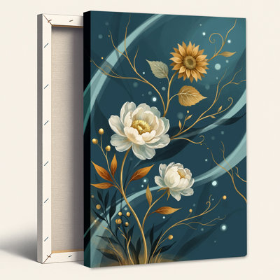 Art mural sur toile, pivoine blanche et tournesol avec vignes dorées