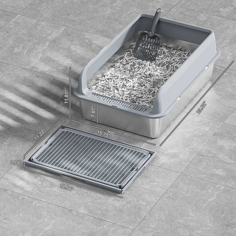Large Open-Top Stainless Steel Cat Litter Box – Extra Wide, Easy-Clean Gray Metal Tray, Includes Sifter Scoop for Multi-Cat Households