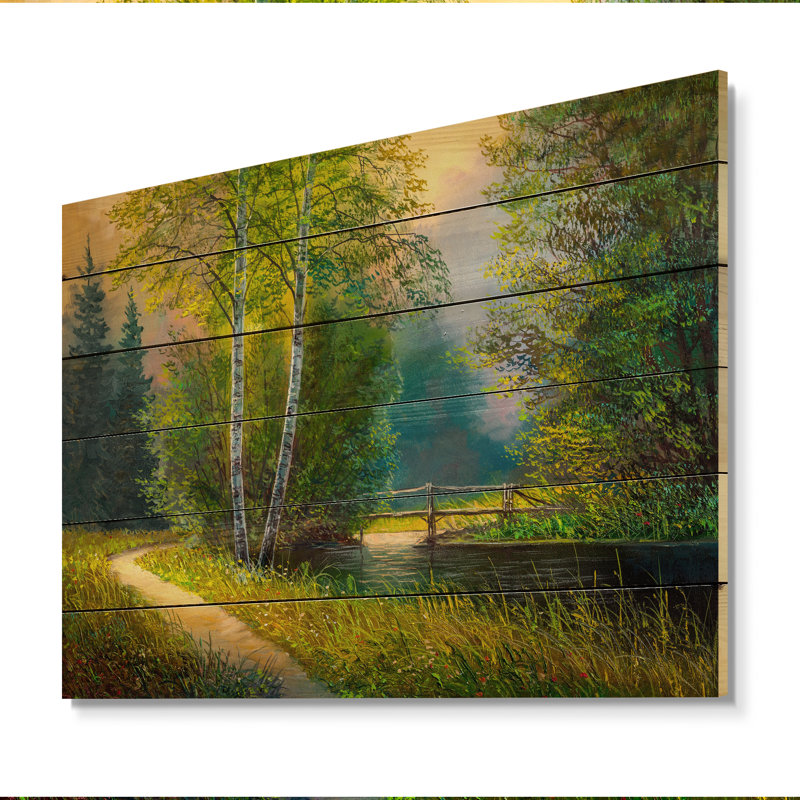 Forêt, paysage sur une rivière d'été - impression sans cadre sur bois, H 24 po x l 36 po x P 1 po