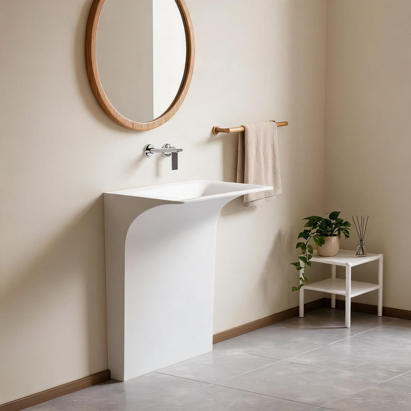Lavabo sur pied mural de 33 pouces en surface solide blanche mate avec drain linéaire dissimulé et compatible avec la robinetterie murale