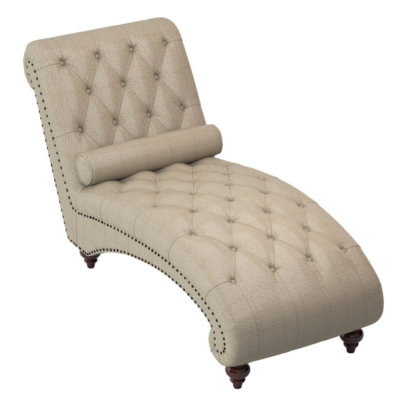 Chaise chic avec capitonnage à boutons, tissu texturé, structure en bois massif robuste et traversin de soutien élégant avec housse en tissu à boutons, garniture cloutée, construction relaxante