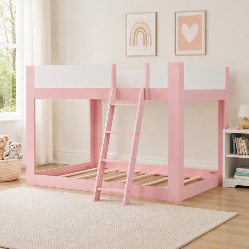 Lit double superposé double pleine grandeur, lit superposé convertible en bois avec échelle réversible et garde-corps de sécurité, rose et blanc