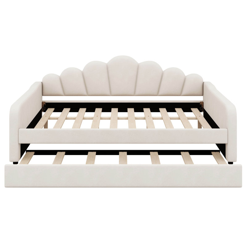 Lit de jour capitonné avec lit gigogne et dossier en forme de coquillage, canapé-lit avec sommier à lattes en bois, Beige
