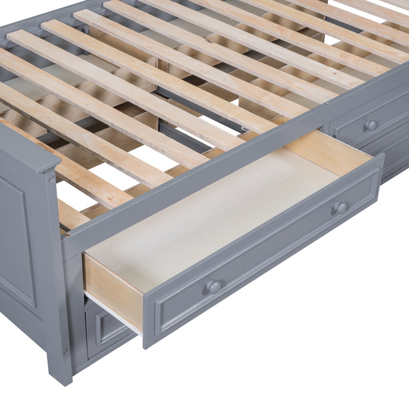 Lit plateforme en bois avec armoire verticale tout-en-un et 4 tiroirs de chaque côté, Gris