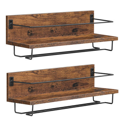 Wall Mounted Wine Rack 2 Pack, Wine Shelf Hanging Floating Wall Shelves, Wine Glass Bottle Rack Stemware Holder, For Living Room, Dining Room, Kitchen, Rustic Brown And Black