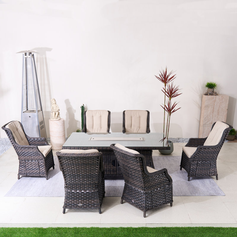 Nadya 6-Person Wicker Aluminum Patio Outdoor Fire Pit Dining Set With Cushions, Brown, Beige