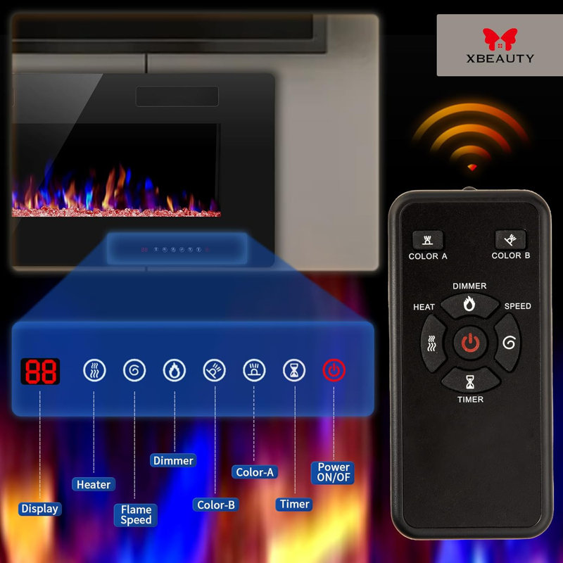 50" Black Electric Fireplace with Multicolor Flames and Remote Control
