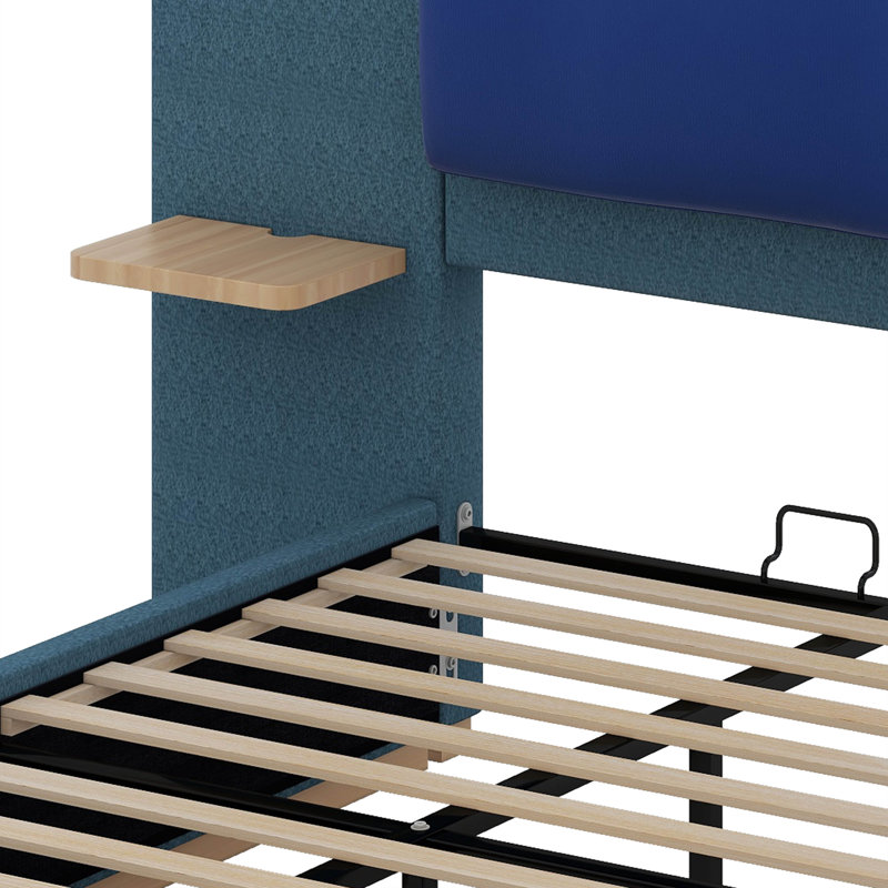 Structure de lit rembourrée avec tête de lit et tablettes en similicuir, Bleu
