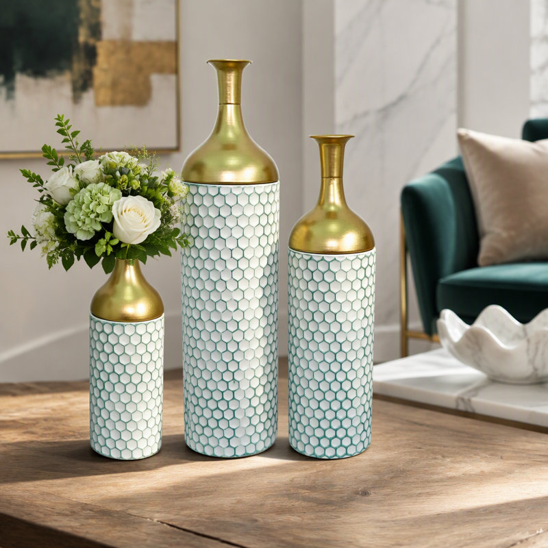 Decorative Metal Vases Set of 3 Leaf Pattern Floor Vases Tall Cylindrical Honeycomb Texture Living Room Entryway