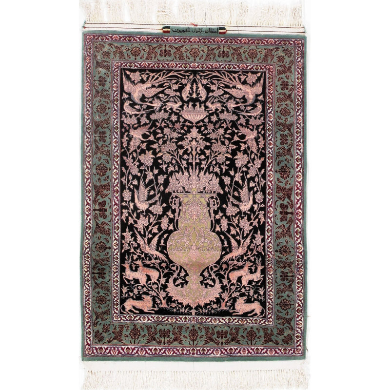 Tapis unique noué à la main rose / noir / vert de 2 pi 8 po x 4 pi Greiner