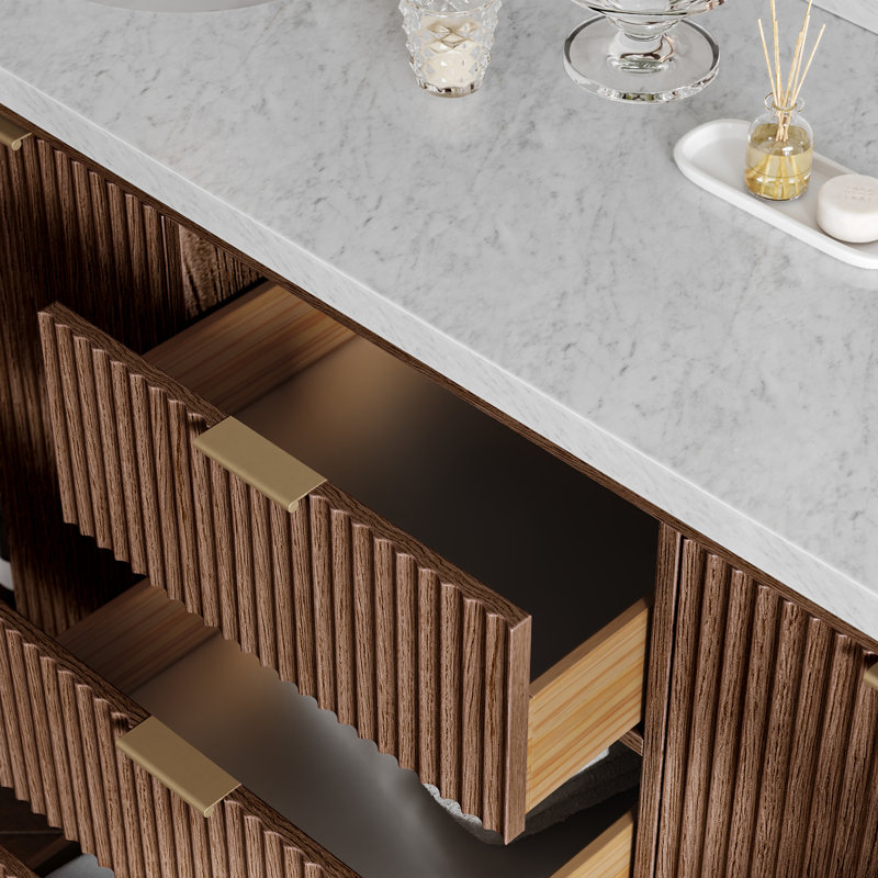 Meuble-lavabo double en bois massif de 72 po avec plateau en quartz blanc de 1,5 po Haun, Rectangulaire, Chêne brun