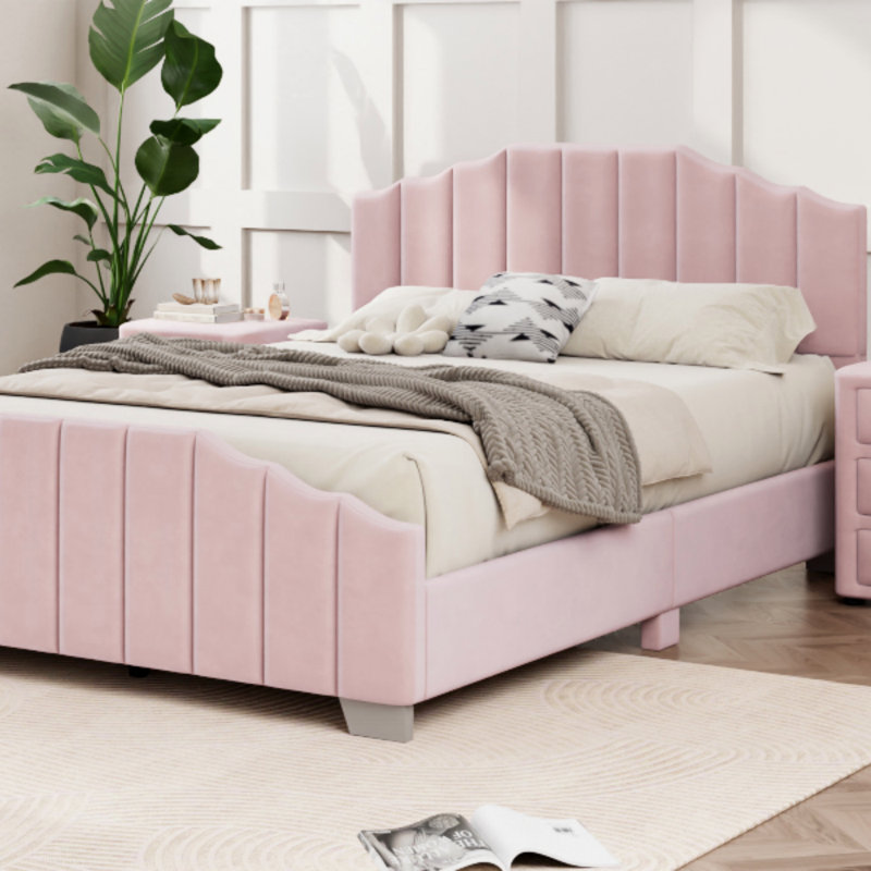 Tête de lit et pied de lit capitonnés en velours, Double, Rose