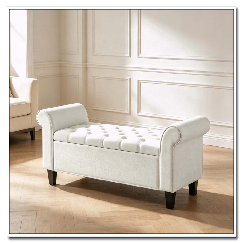 Banc de rangement touffeté à accoudoirs roulés, Blanc, crème, Blanc, crème