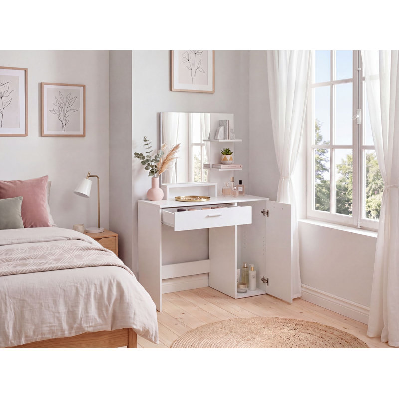 Modern White Dressing Table with Mirror, Shelf and Drawer