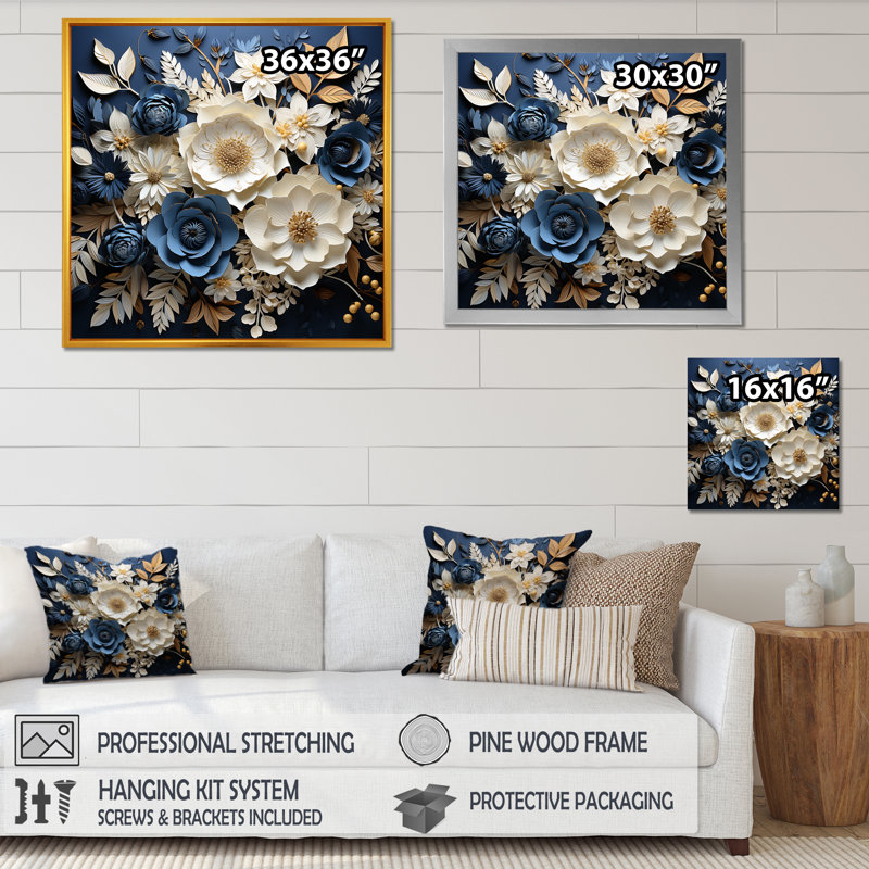 «Blue and White Seasonal Flowers Collage VI», reproduction sur toile, Cadre doré simple, H 30 po x l 30 po x P 1 po