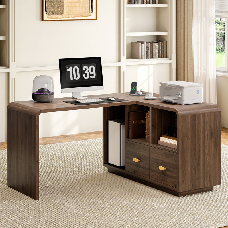 58" Executive L Shaped Desk, Home Office Desk With File Drawers, Computer Desk With Power Outlets And Storage Shelves, Walnut