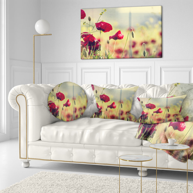Fleurs de coquelicot sur fond vert - Coussin décoratif à imprimé floral
