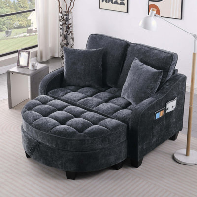 Canapé à deux places, canapé-lit double, avec accoudoirs et dossiers irréguliers, repose-pieds avec espace de rangement, deux petits coussins décoratifs, convient au salon et à la chambre à coucher