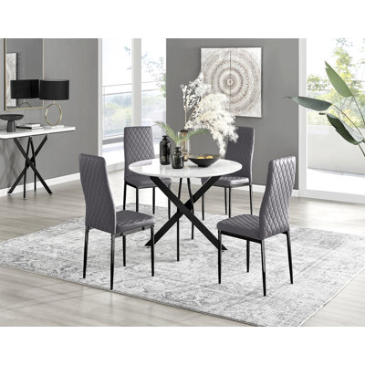Tierra Modern High Gloss and Chrome Metal 4 Seat Dining Table Set - Luxury Velvet Dining Chairs