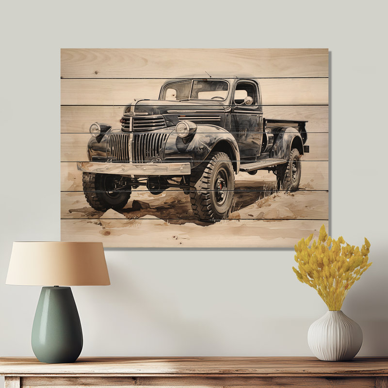 Camionnette minimaliste monochrome sur bois, H 10 po x l 20 po x P 0,78 po