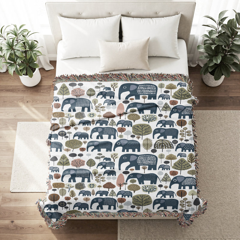 Jeté en mélange de coton Alfie Elephant, L 60 po x l 60 po, Bleu / Blanc cassé
