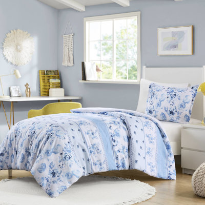 Literie pour lit simple / simple TG avec rayures florales bleues, microfibre, housse de couette à rayures rétro lavable à la machine, attaches intérieures, textile
