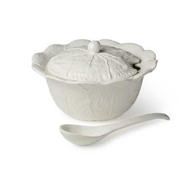 Soupière en chou blanc Le Jardin avec louche à feuilles de chou assortie - Soupière en grès ivoire Heirloom avec couvercle sculpté - Centre de registre de mariage pour les repas en famille
