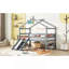 Lit simple mezzanine bas avec glissade, échelle, barrières de sécurité, structure de toit de maison, gris