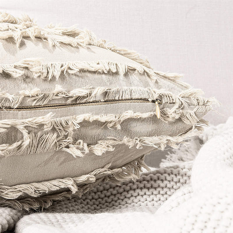Khaki Cotton and Polyester Euro Pillow Covers with Tassels, Set of 2