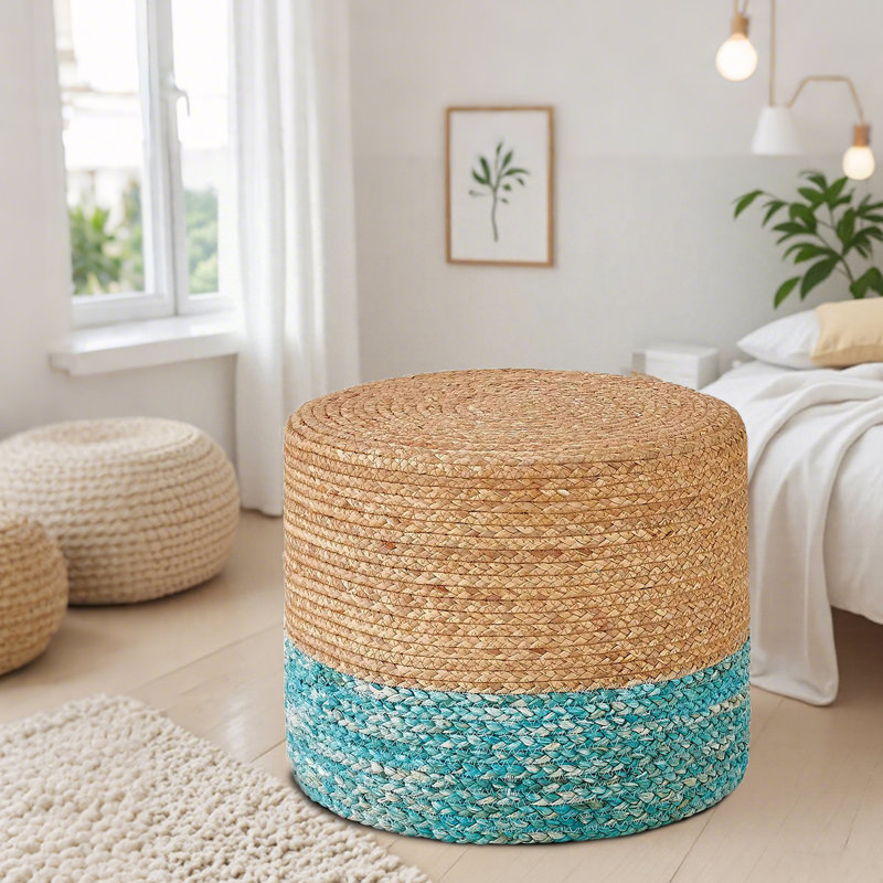 Onaway Upholstered Pouf, Natural/Lake Blue
