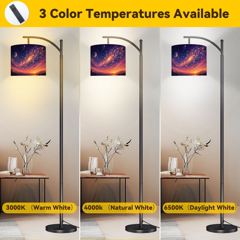 Lampe sur pied PeeNoke Arc Dreamy Cosmic Galaxy Sky Stars Orange Sunset Gradient Tall Lampe sur pied moderne DEL Abat-jour réglable en lin 3 températures de couleur