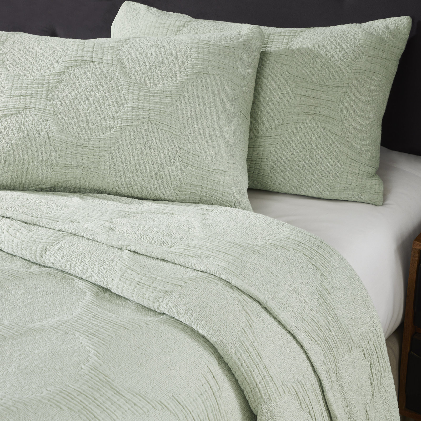Tanta Cotton Medium Weight Textured Modern Circles Woven Coverlet, Queen Coverlet, Sage