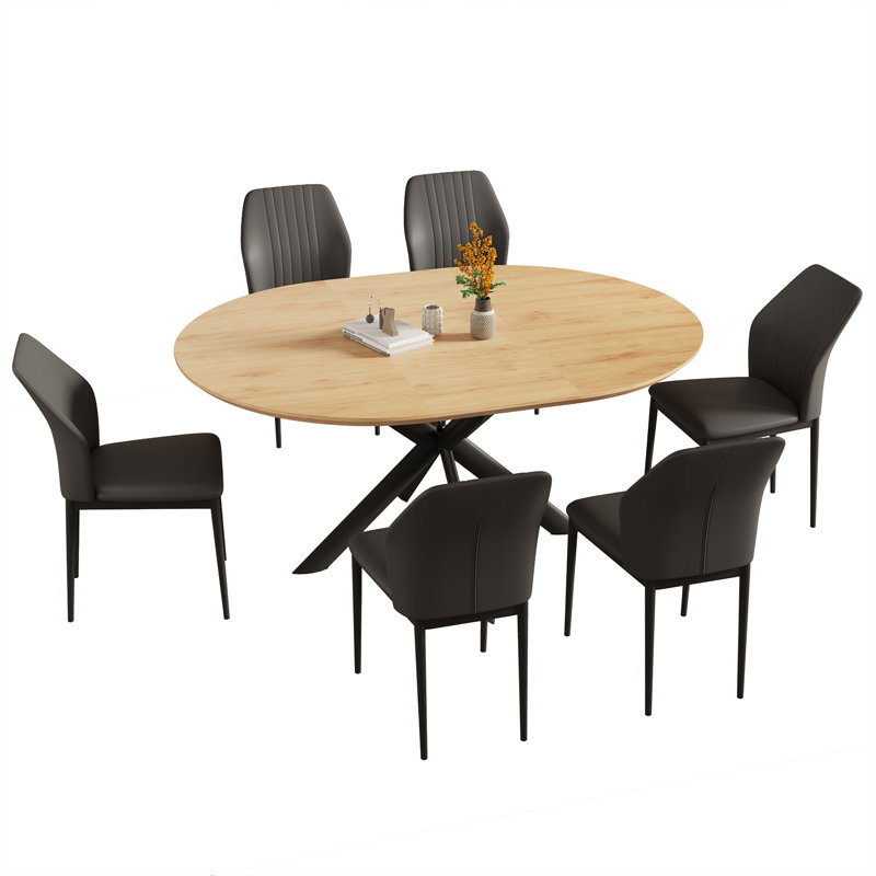7-Piece Oval Dining Table Set With 6 Modern Chairs For Dining Room, Black
