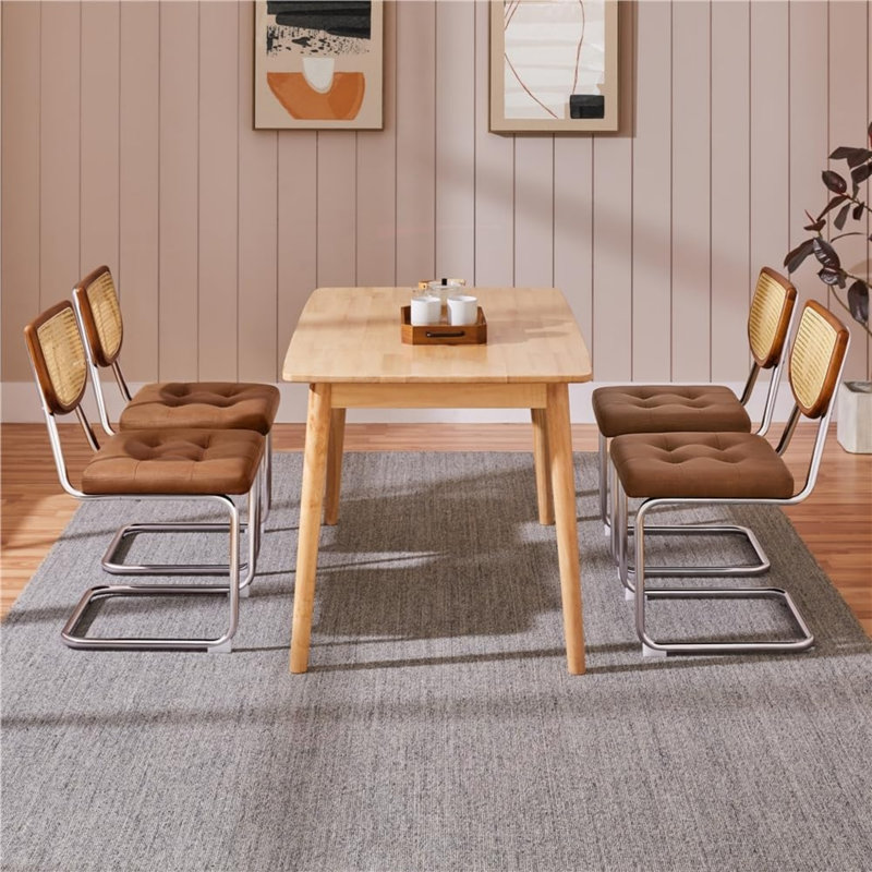 Kitchen Dining Room Set of 2 Chairs  Brown with Rattan Backrest Upholstered Seat