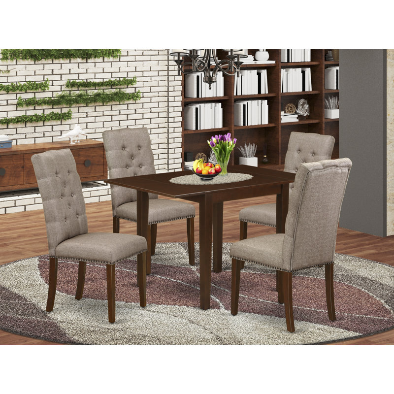 5 Piece Dining Set Includes a Rectangle Dining Room Table with Dropleaf and 4 Dark Khaki Linen Fabric Upholstered Chairs, Mahogany