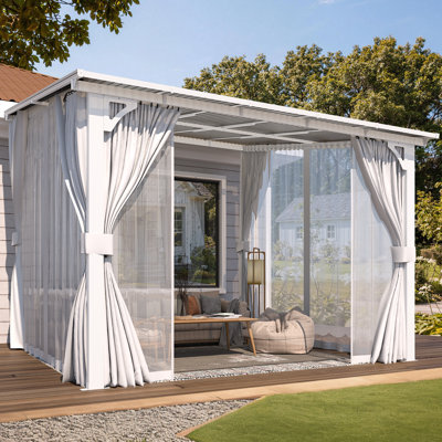 Pergola blanche avec toit rigide et abri de jardin avec rideaux et moustiquaire