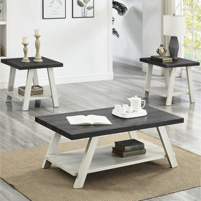 Contemporary 3 Table - Wood Shelf  And Weathered Charcoal Ideal For Primary Living Area & Coffee Rectangular Storage Needs