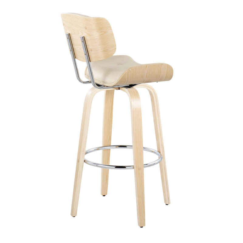 Lombardi 30" Mid-Century Modern Fixed-Height Barstool With Swivel In Natural Wood And Cream Faux Leather With Round Chrome Metal Footrest By Lumisource - Set Of 2