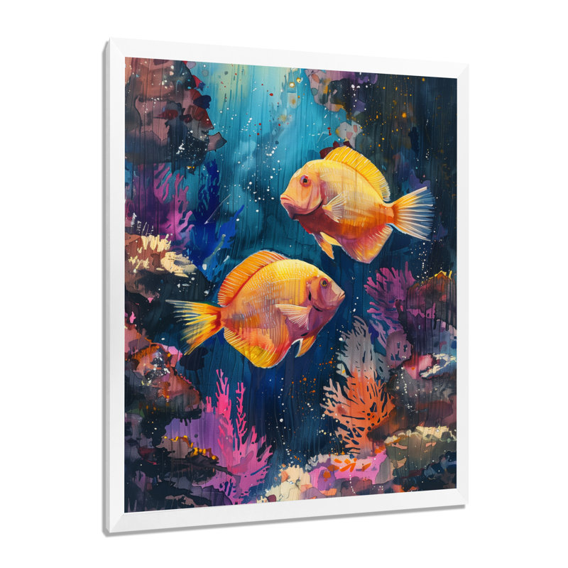 «Blue Orange Coral Marine Life I», impression d'art mural, H 24 po x l 32 po, Cadre simple blanc, bois massif