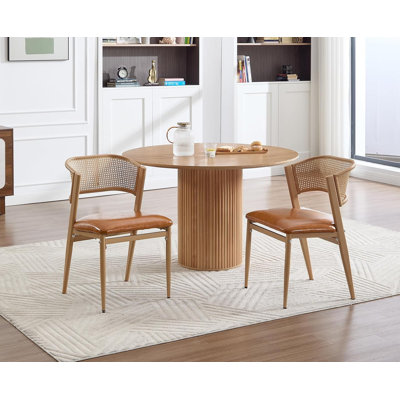 Mid-Century Modern Accent Chair Sturdy Wood Frame Dining Chair with Rattan Back & Waterproof PU Seat  for Dining Room/Living Room