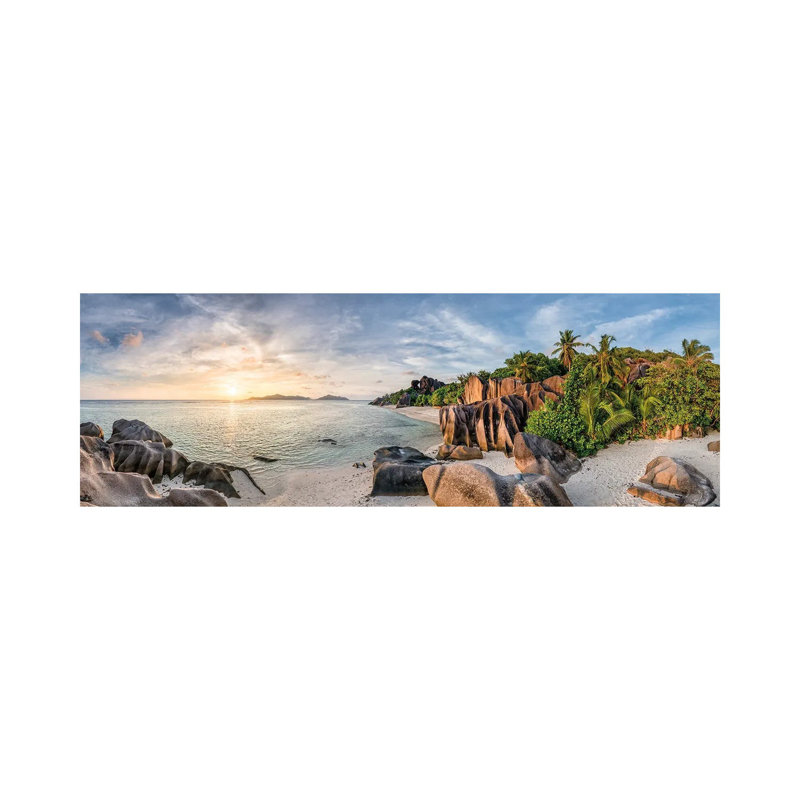 Panoramic Sunset View At Anse Source D'argent Beach, La Digue, Seychelles by Jan Becke - Wrapped Canvas Panoramic Print