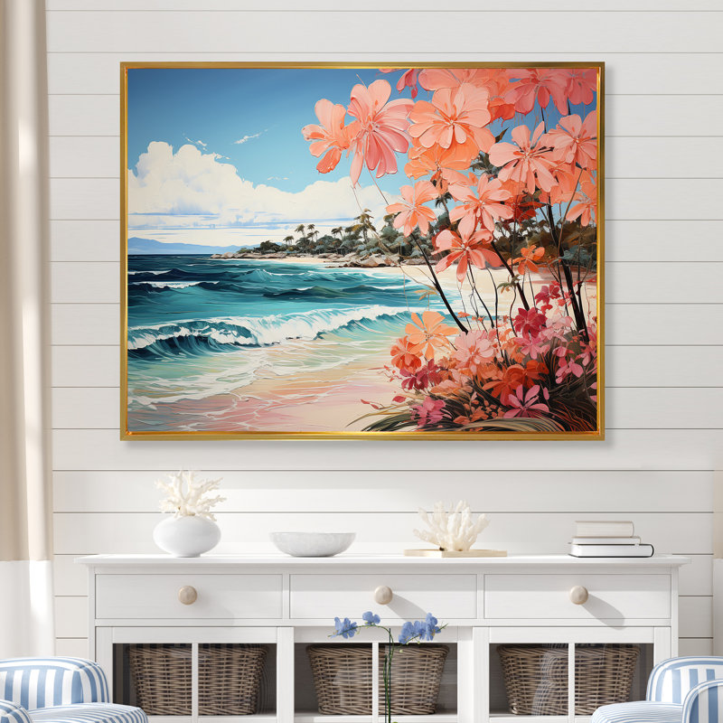 Tropical Beach Escape 4 - art mural bord de mer tropical, Cadre flottant doré, H 34 po x l 44 po x P 1,5 po