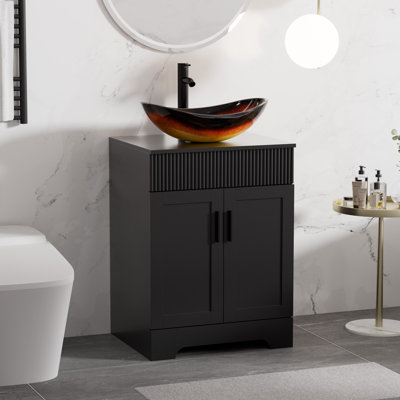 24" Freestanding Single Bathroom Vanity Set With Manufactured Wood Top, Vessel Sink, Faucet And Drain, Hand Painted Water-Resistant
