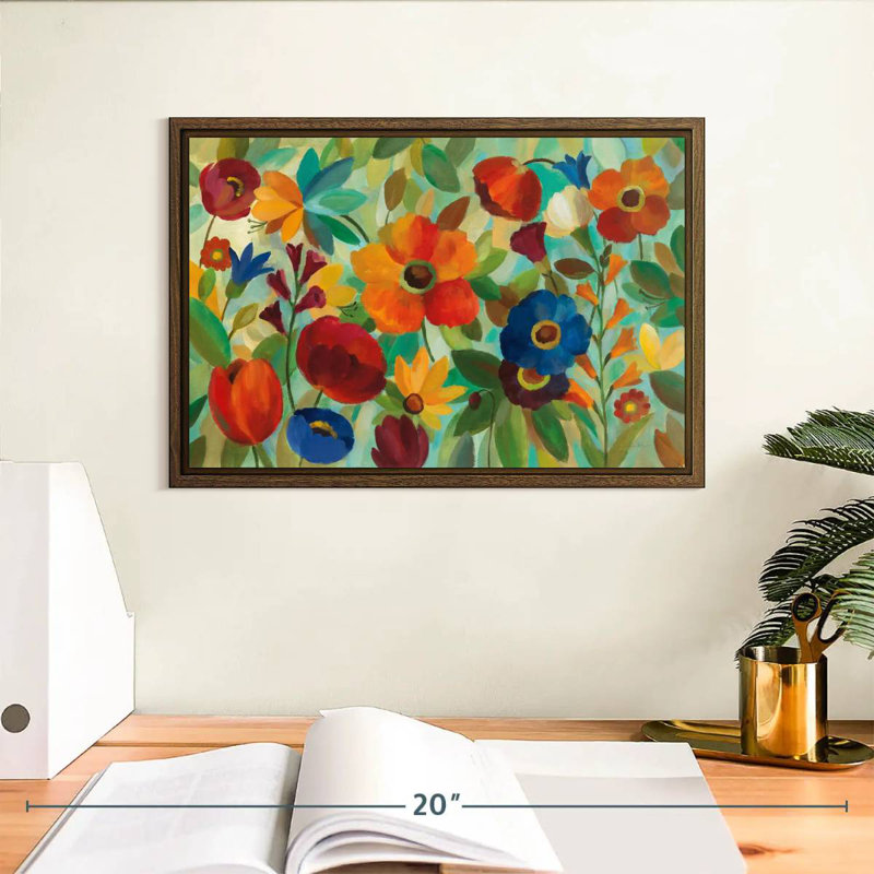 Été floral III, 13 po x 9 po, Cadre flottant noyer