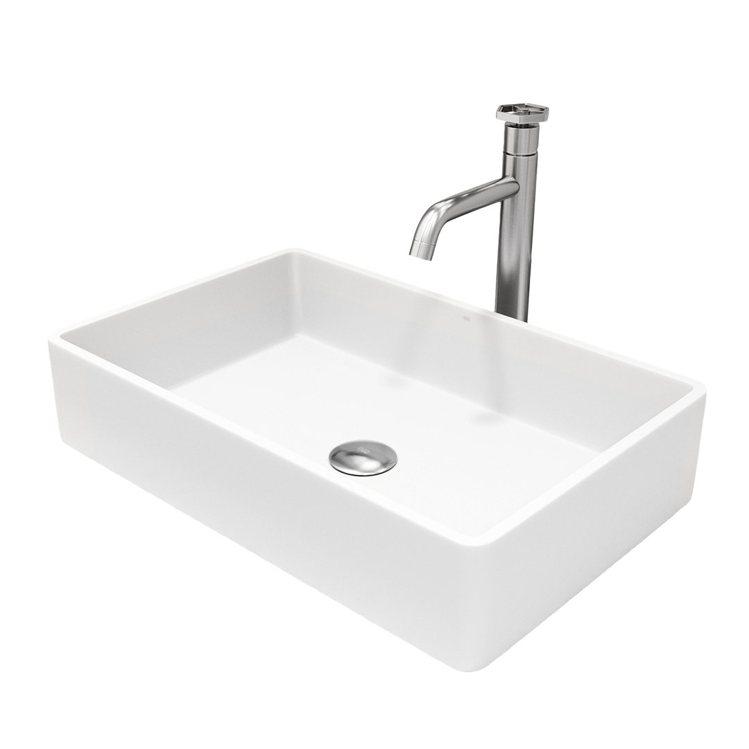 Magnolia Matte Stone White Rectangular Vessel Bathroom Sink with 12'' H Faucet VIGO
