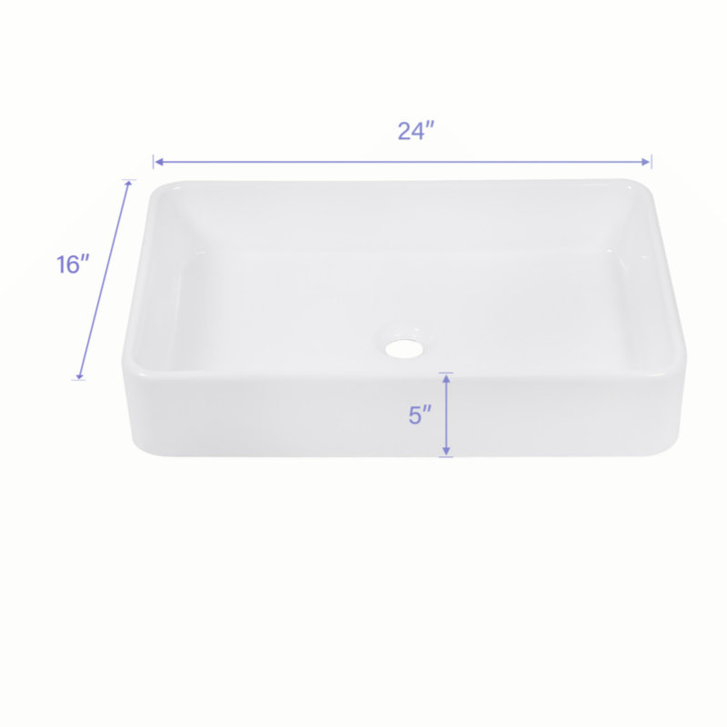 24"X16" White Ceramic Rectangular Vessel Bathroom Sink